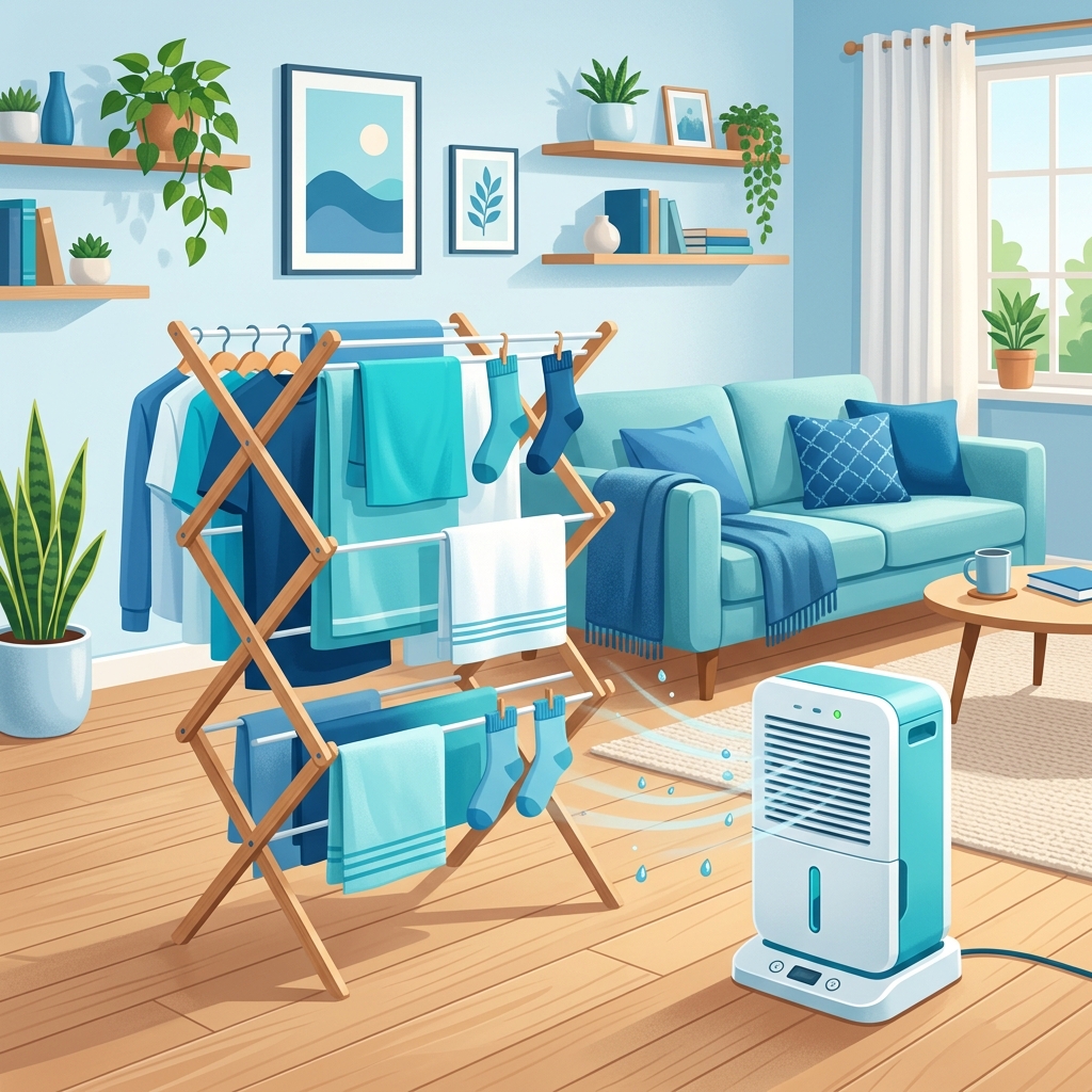 部屋干しと除湿機のある明るいリビングのイラスト