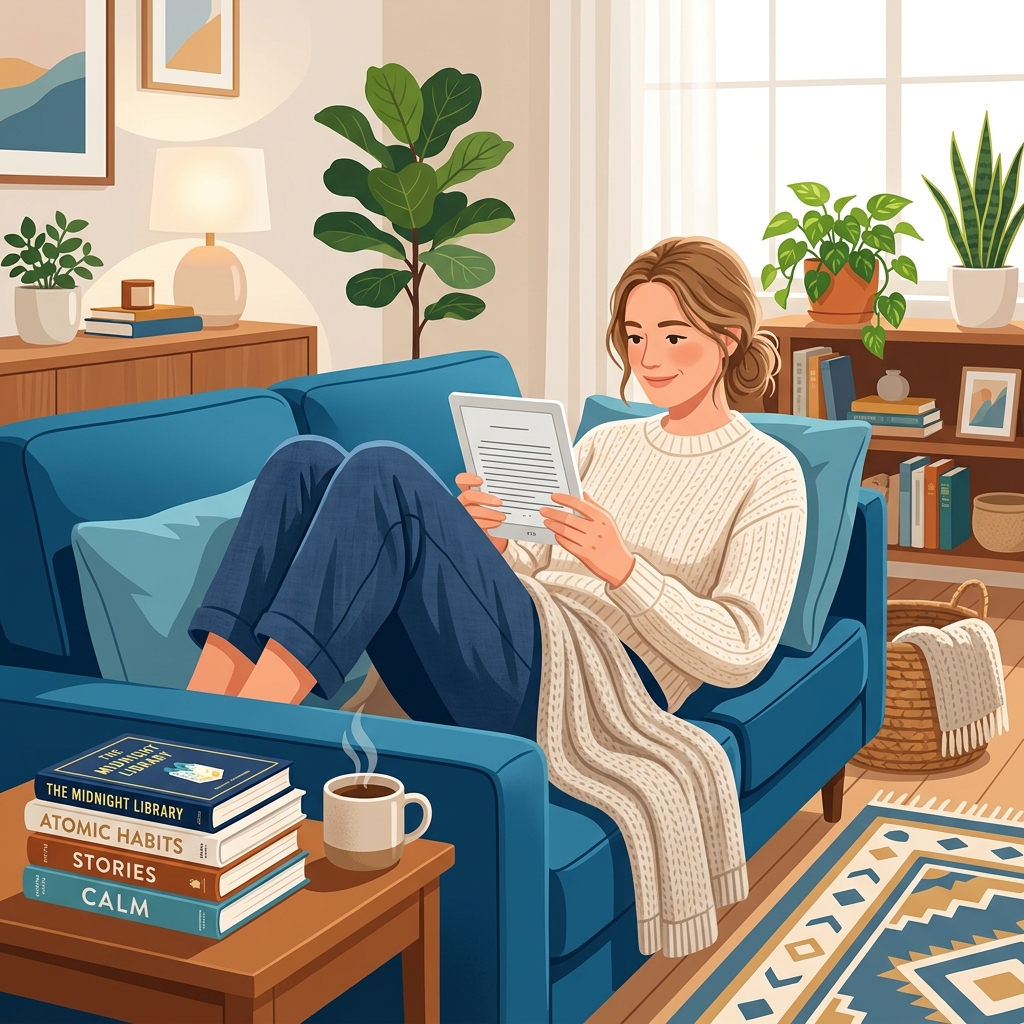 ソファでリラックスしてKindleを読む人のライフスタイルイラスト