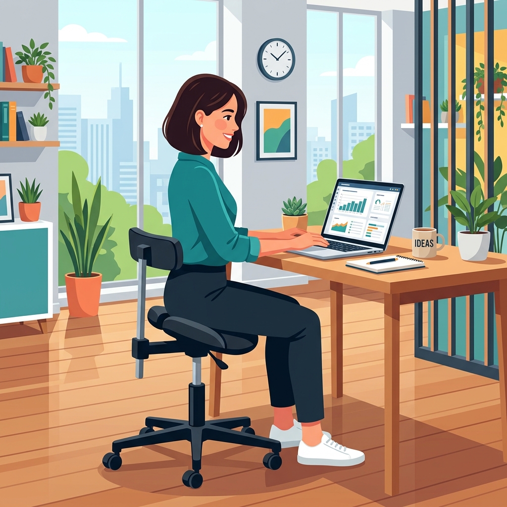 明るいオフィスでアーユル・チェアーに座る女性