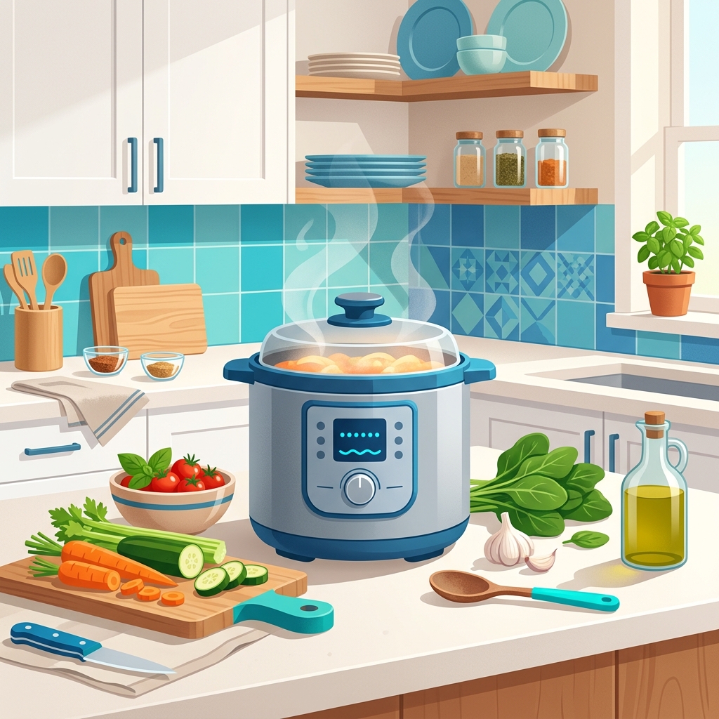 おしゃれなキッチンで蒸気を上げるほったらかし調理鍋のイラスト