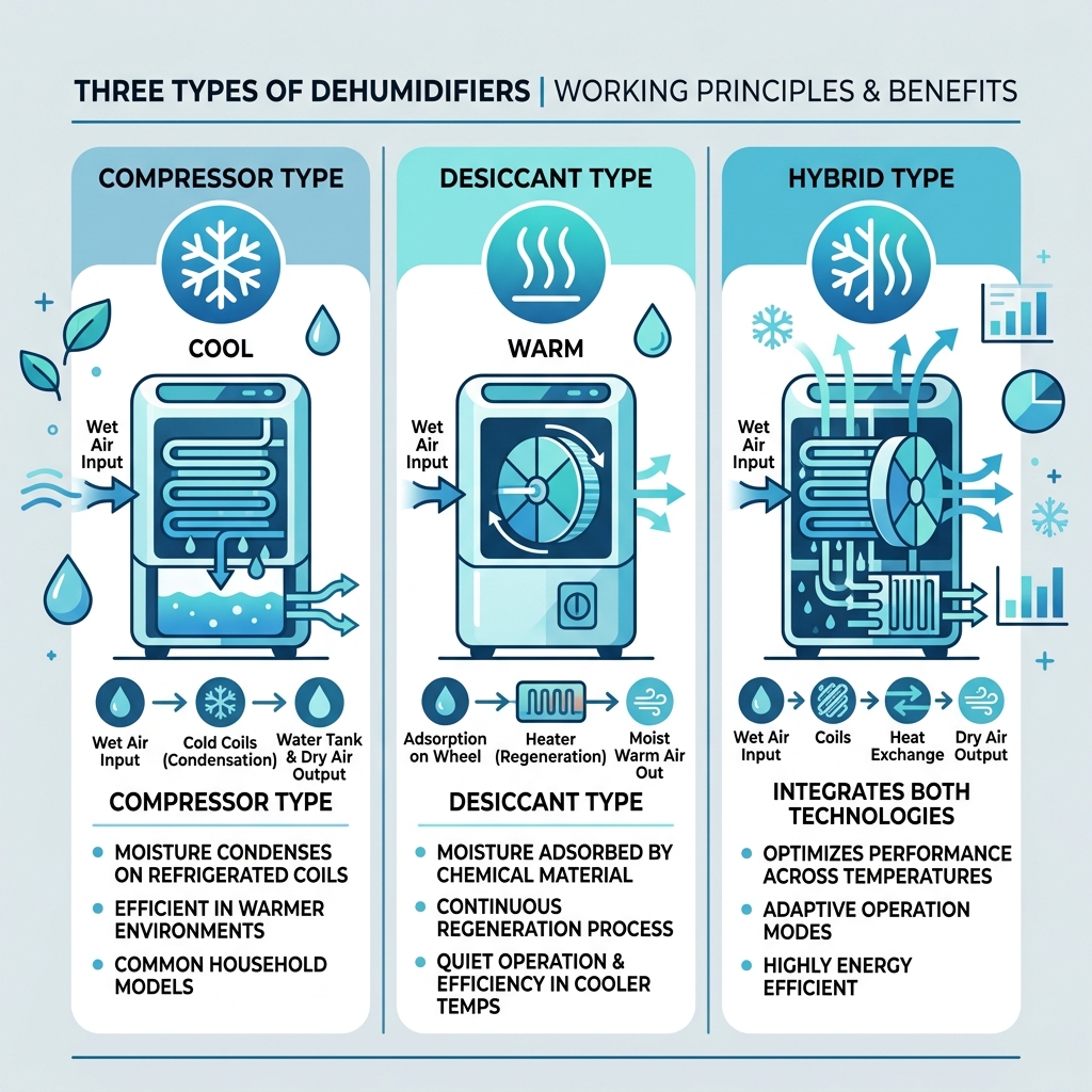 除湿機3方式の比較インフォグラフィック