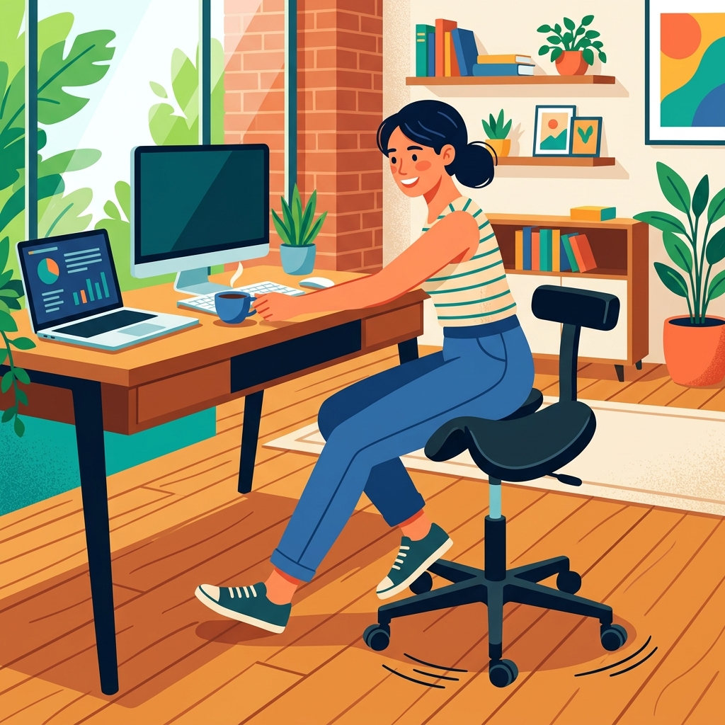 オフィスでキャスター付きのオクトパスに座る様子