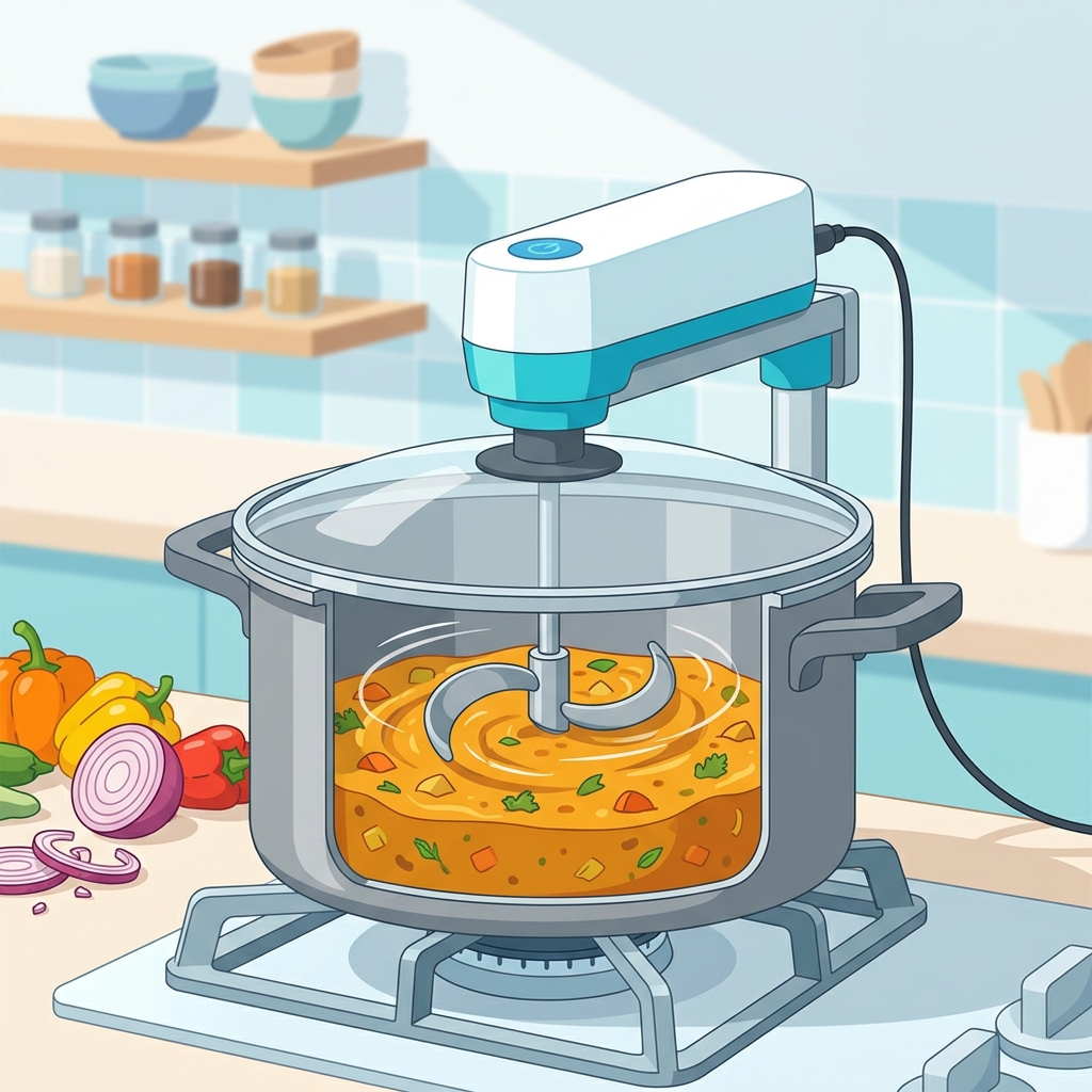 鍋の中でカレーを自動かき混ぜる機構