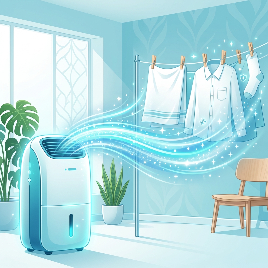 除湿機から清潔な風が洗濯物に届く