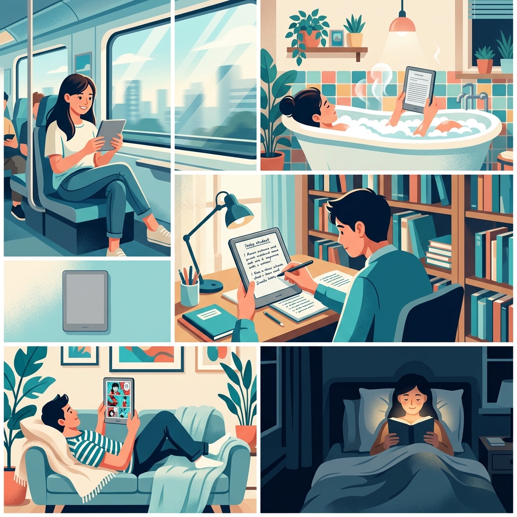 5つの読書シーンのイラスト