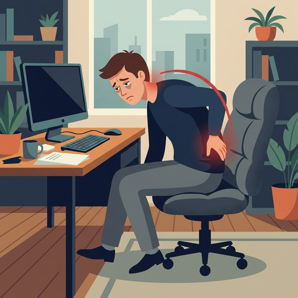 デスクワークで腰痛や肩こりに悩む様子