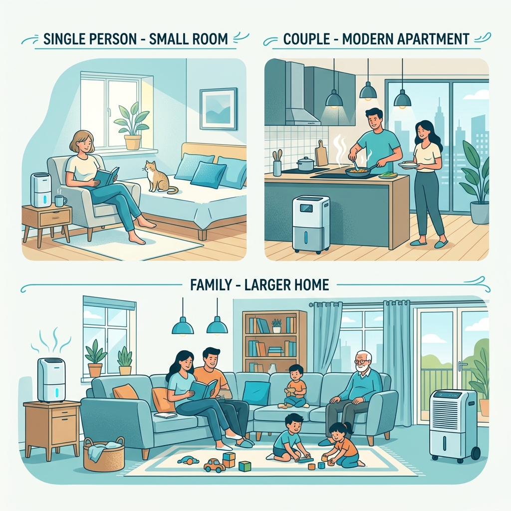 暮らし別の除湿機選びイラスト