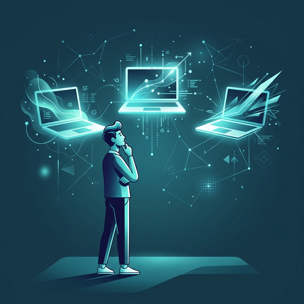 3つのノートPCのシルエットから選ぶイラスト