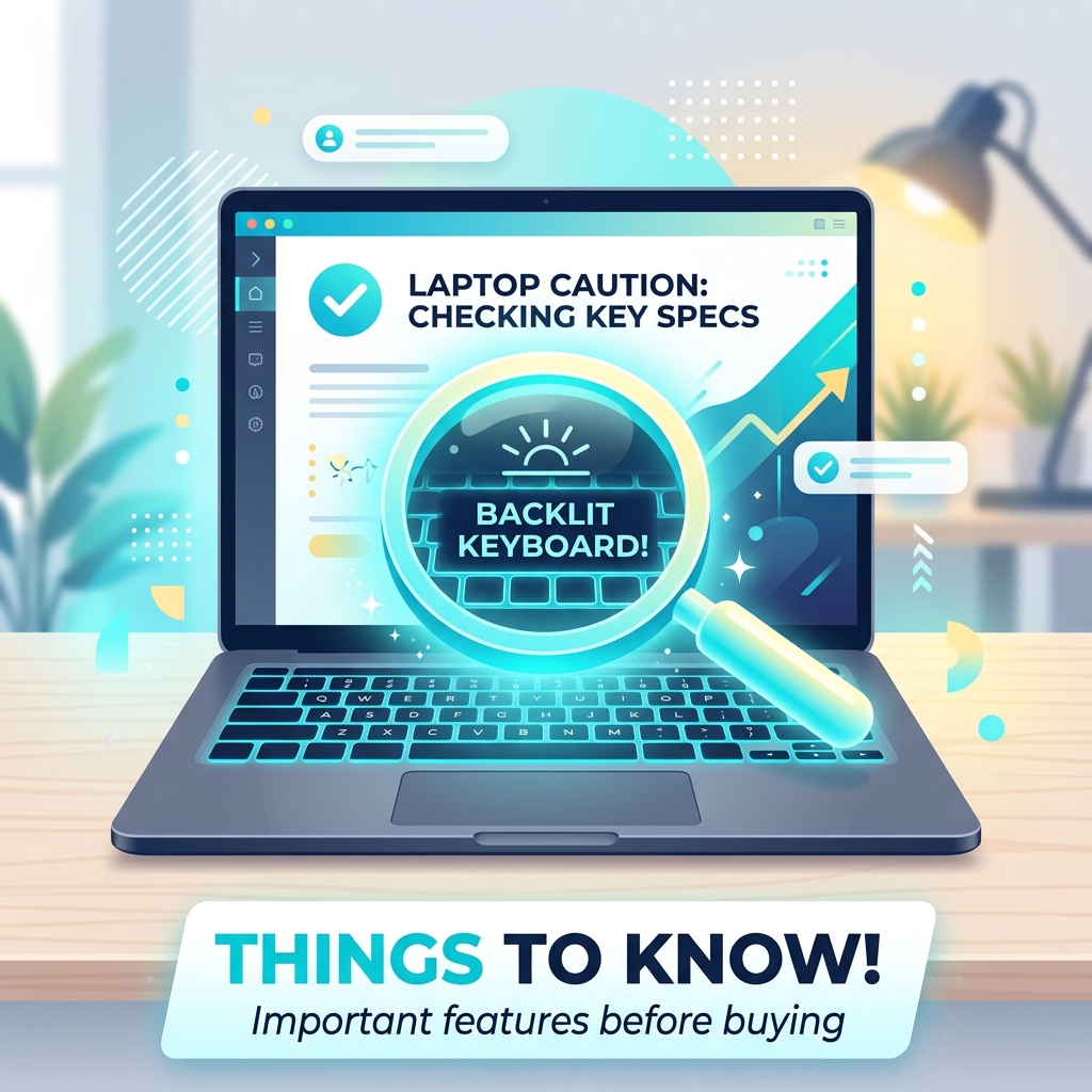 キーボードのバックライトを虫眼鏡で確認するイラスト