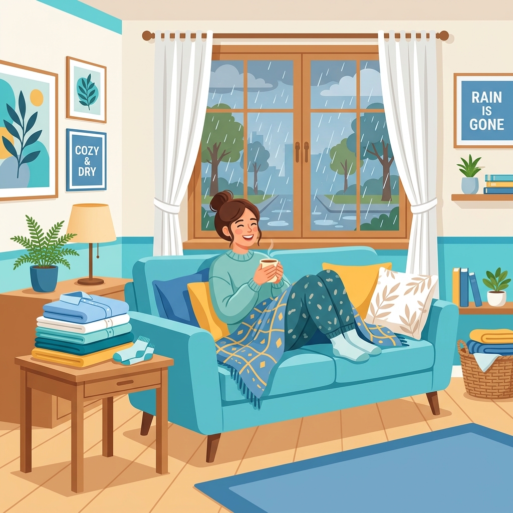 雨の日でも快適な部屋でくつろぐ人