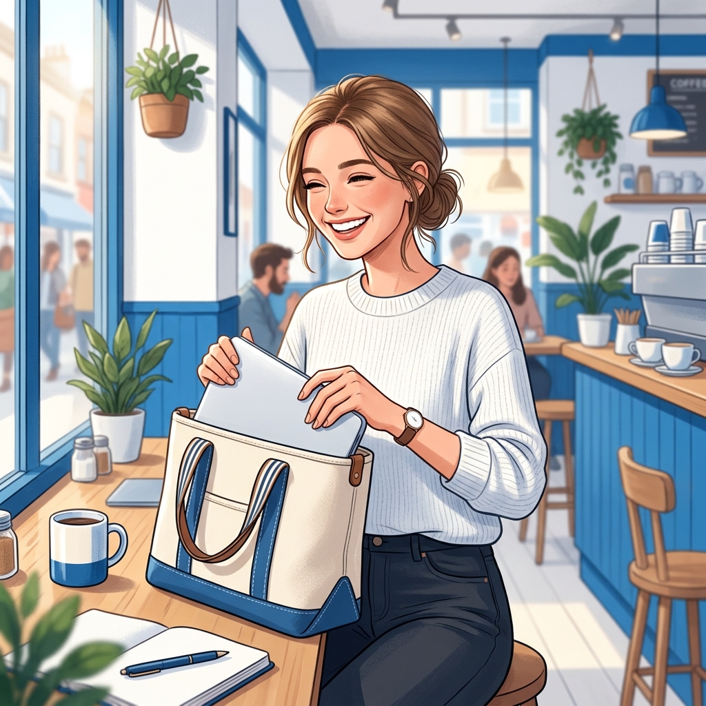 MacBookをバッグに入れて出かける笑顔の女性