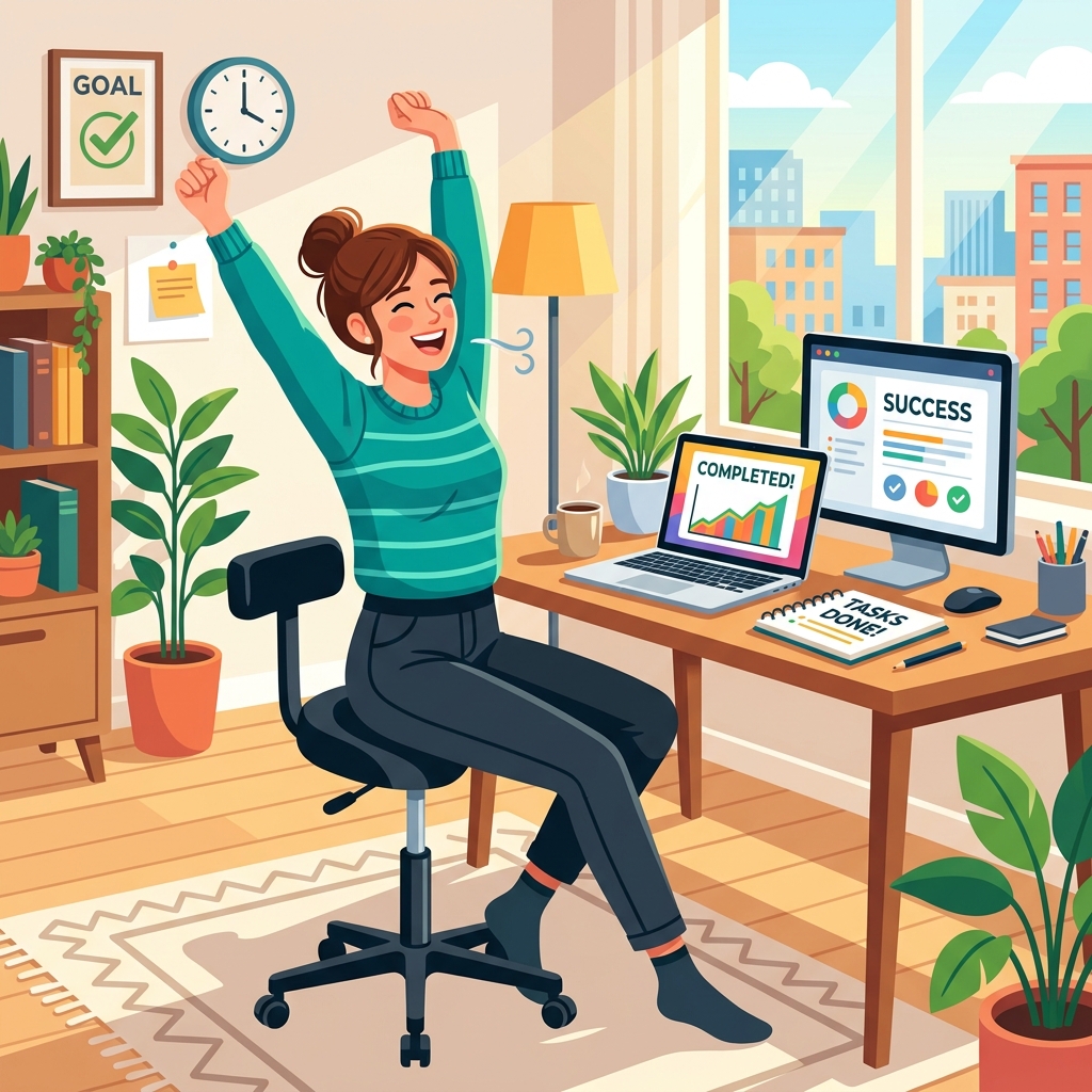 アーユル・チェアーで快適に仕事をして伸びをする女性