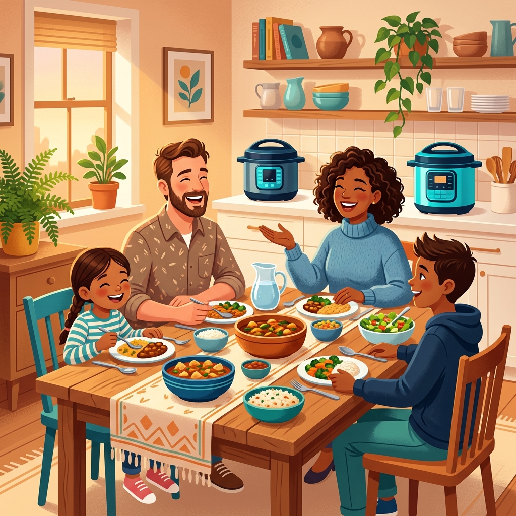 家族が調理鍋で作った料理を楽しむ