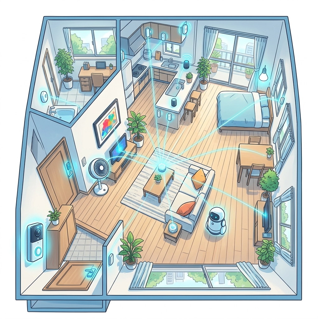 SwitchBotスマートホームエコシステムの俯瞰イラスト