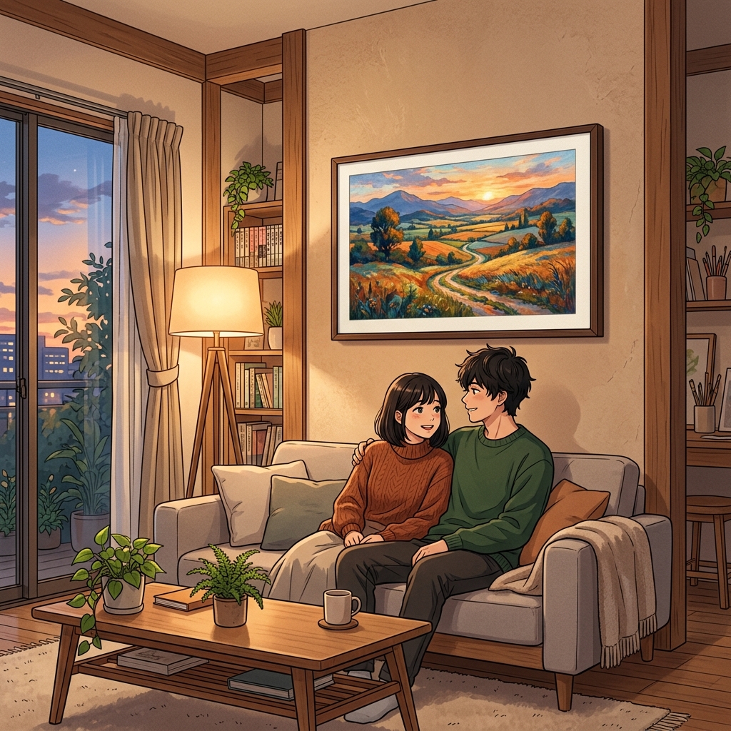 リビングの壁にデジタルアートを飾るカップル